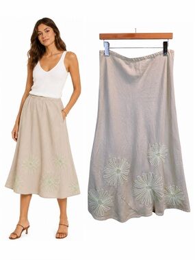 Boden Boho Cottagecore Embroidered Midi Skirt Neutral Linen Look Coastal Cowgirl
